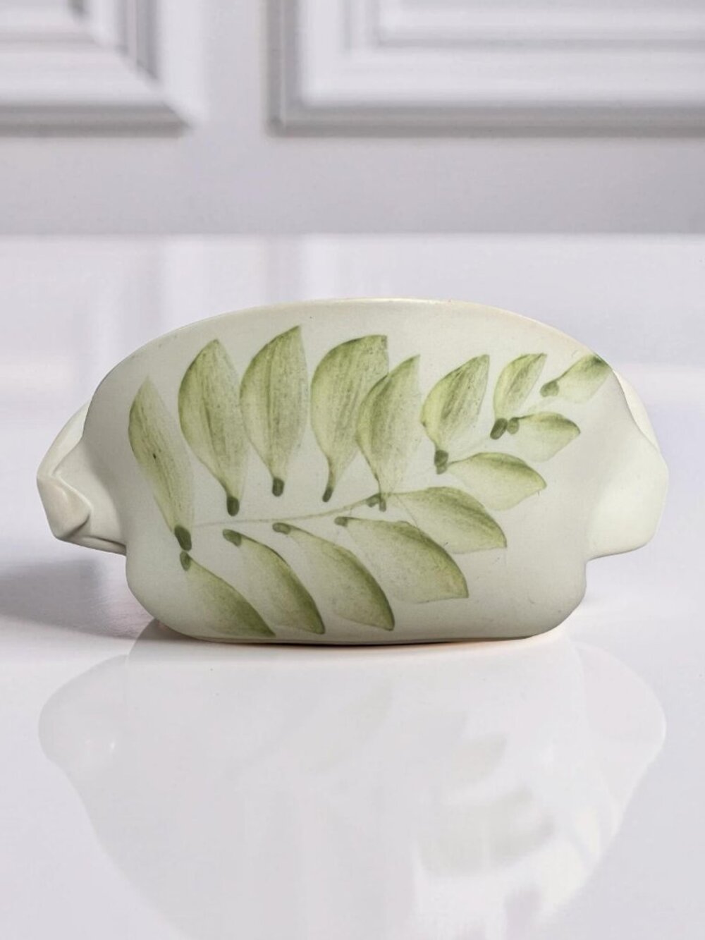 Hilborn Pottery Canada Green Fern Leaf Pinched Candy Dish Bowl - Signed